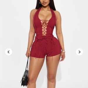 Lace-Up Halter Ribbed Romper in Deep Wine